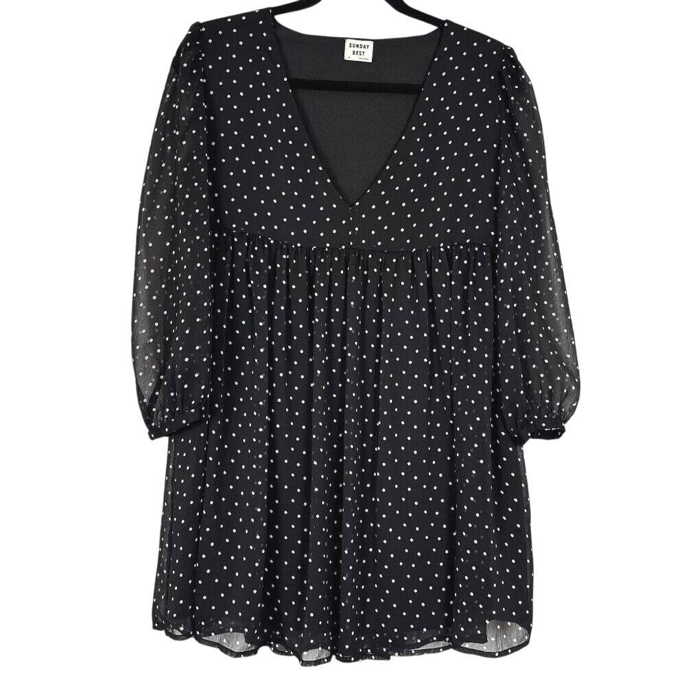 Sunday Best Polka Dot Dress Women's XS Black Sheer Puff Sleeve Babydoll V-Neck